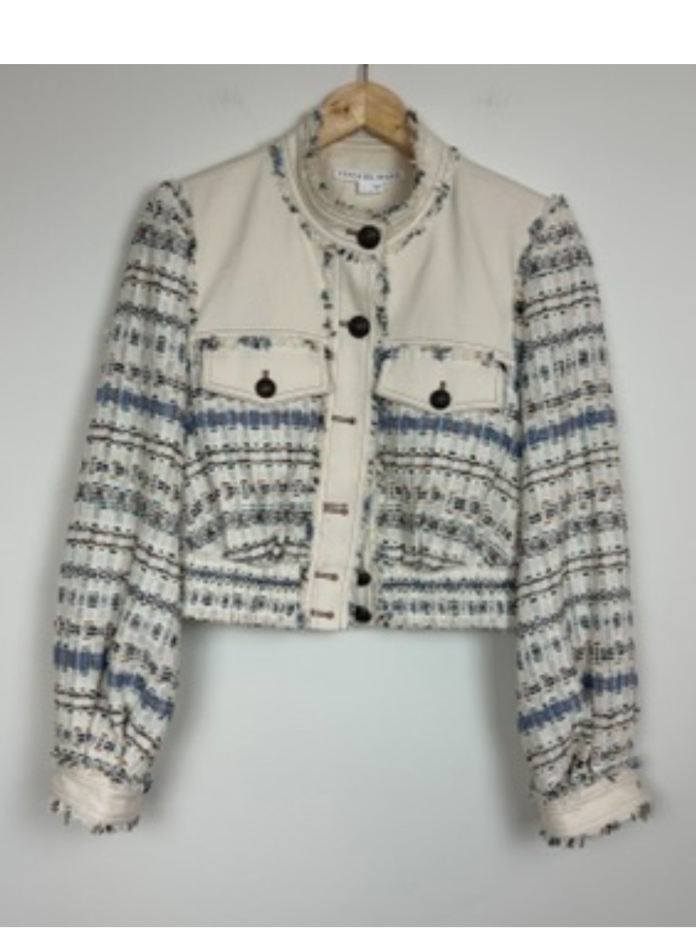 Veronica Beard Darren Tweed Cropped Denim Twill Paneled Blue Ivory Jacket Sz 6 - Picture 3 of 8